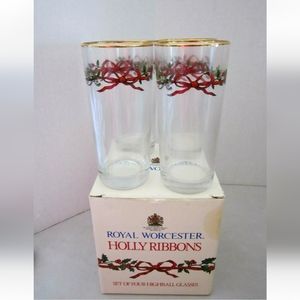 Vintage Royal Worcester Holly Ribbon Highball Glass set of 4